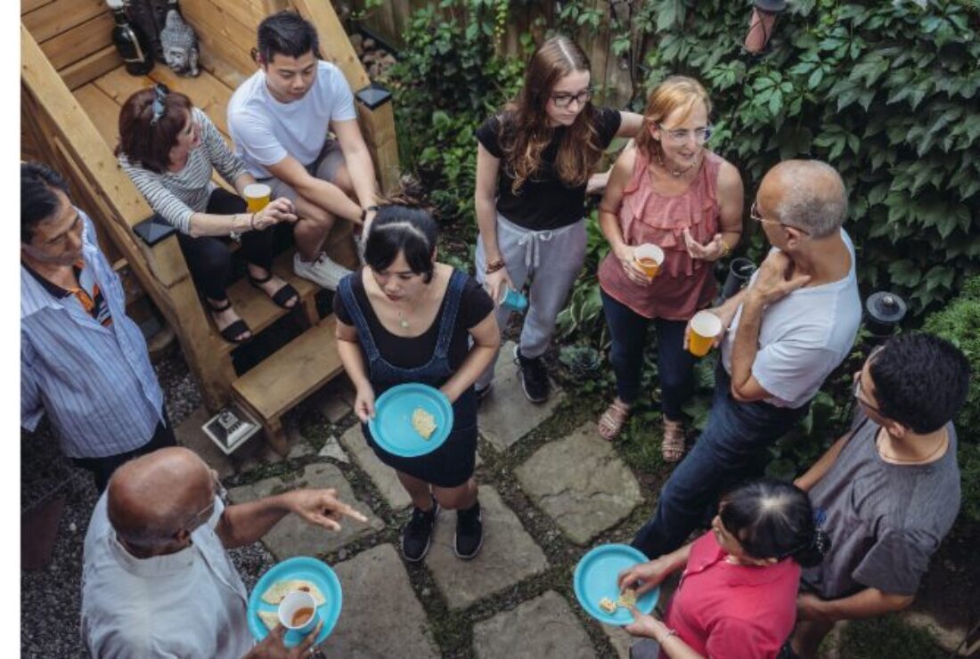 aerial shot of people eating outside