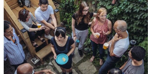 aerial shot of people eating outside