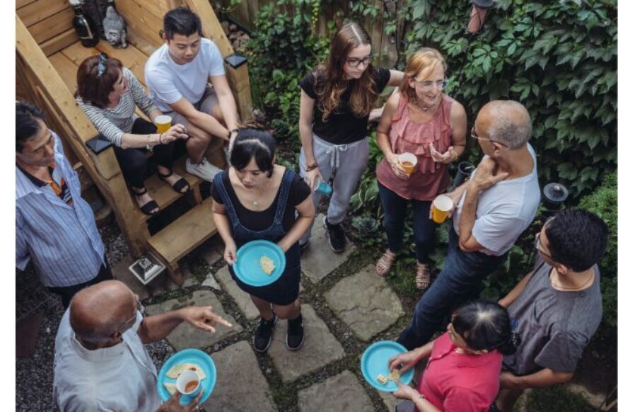 aerial shot of people eating outside