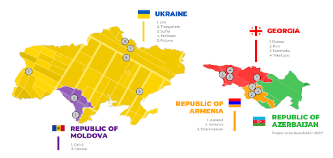 Map showing regions in programme: Republic of Moldova, Ukraine, Republic of Armenia, Republic of Azerbaijan, Georgia