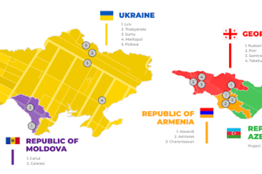 Map showing regions in programme: Republic of Moldova, Ukraine, Republic of Armenia, Republic of Azerbaijan, Georgia