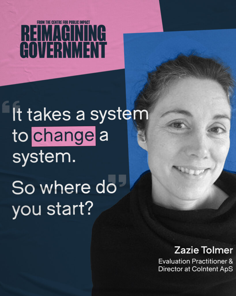 Quote from Zazie Tolmer: "Its takes a system to change a system. So where do you start?"