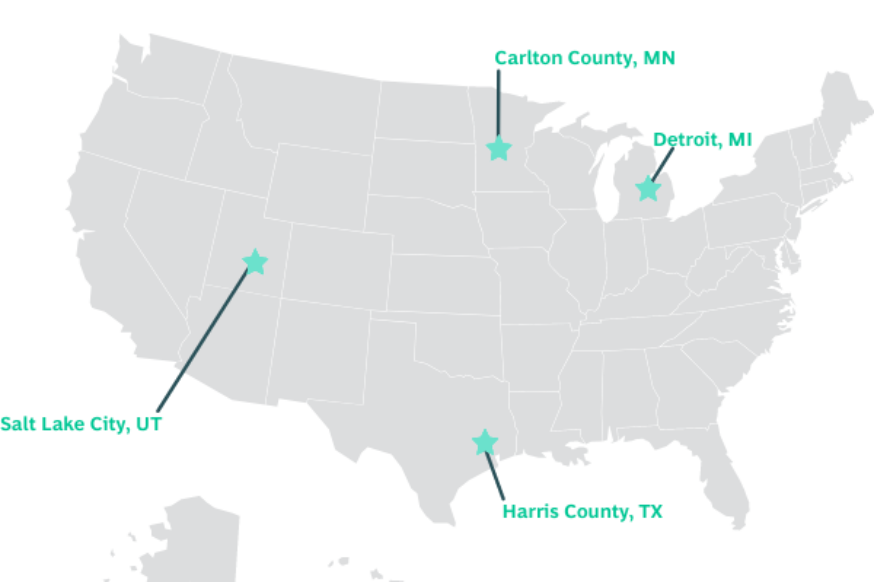 Map showing city locations. Carlton County, MN, Detroit, MI, Harris County, TX, Salt Lake City, UT
