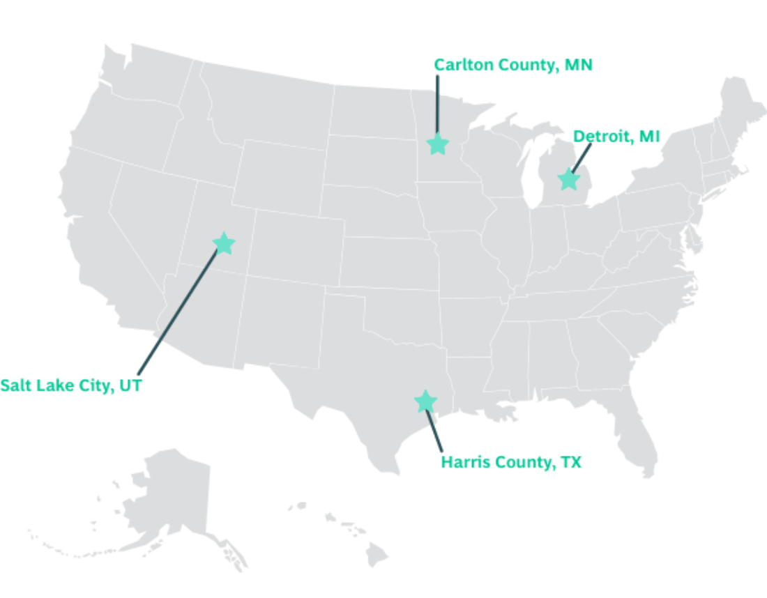 Map showing city locations. Carlton County, MN, Detroit, MI, Harris County, TX, Salt Lake City, UT